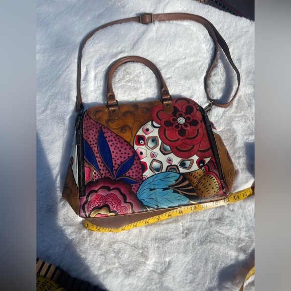 💕NWOT ANUSCHKA GENUINE LEATHER Hand Painted Floral Crossbody Satchel handbag💕 - Picture 9 of 11
